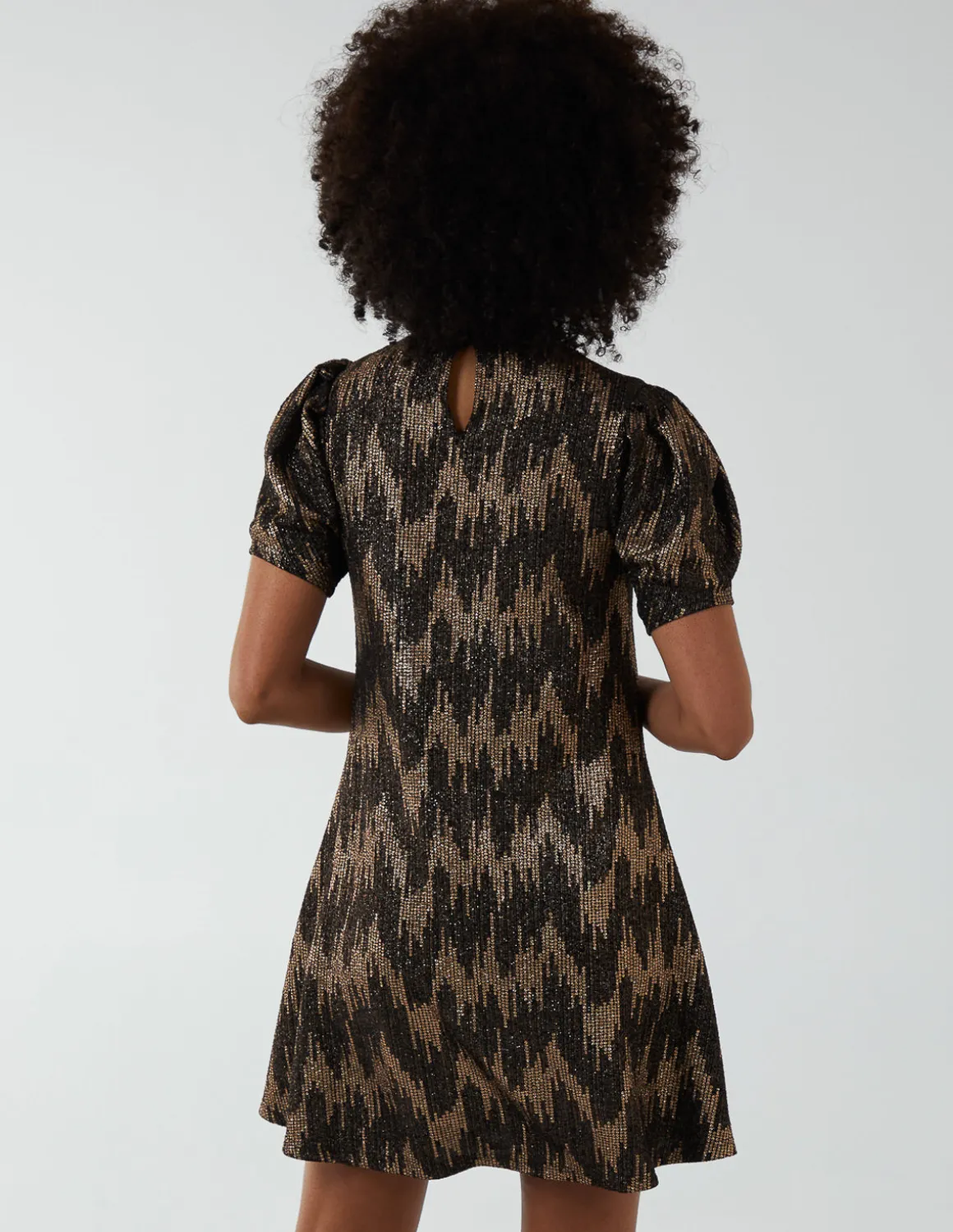 Foil Zig Zag Puff Sleeve Swing Dress