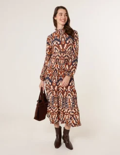 Frilled Shirred High Neck Shirred Waist Dress