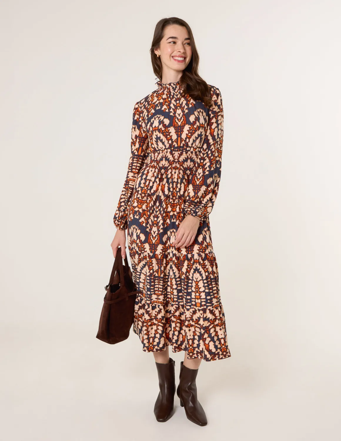 Frilled Shirred High Neck Shirred Waist Dress