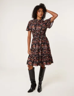 Frill Neck Shirred Waist Mini Dress