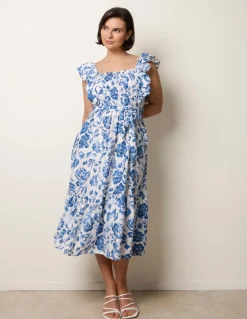 Frill Sleeveless Dress With Floral Print