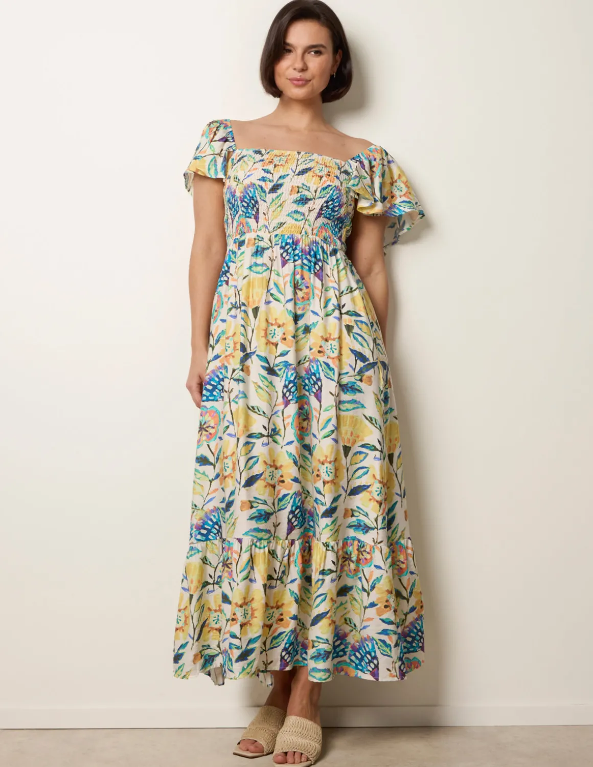 Frill Sleeveless Tropical Floral Print Dress