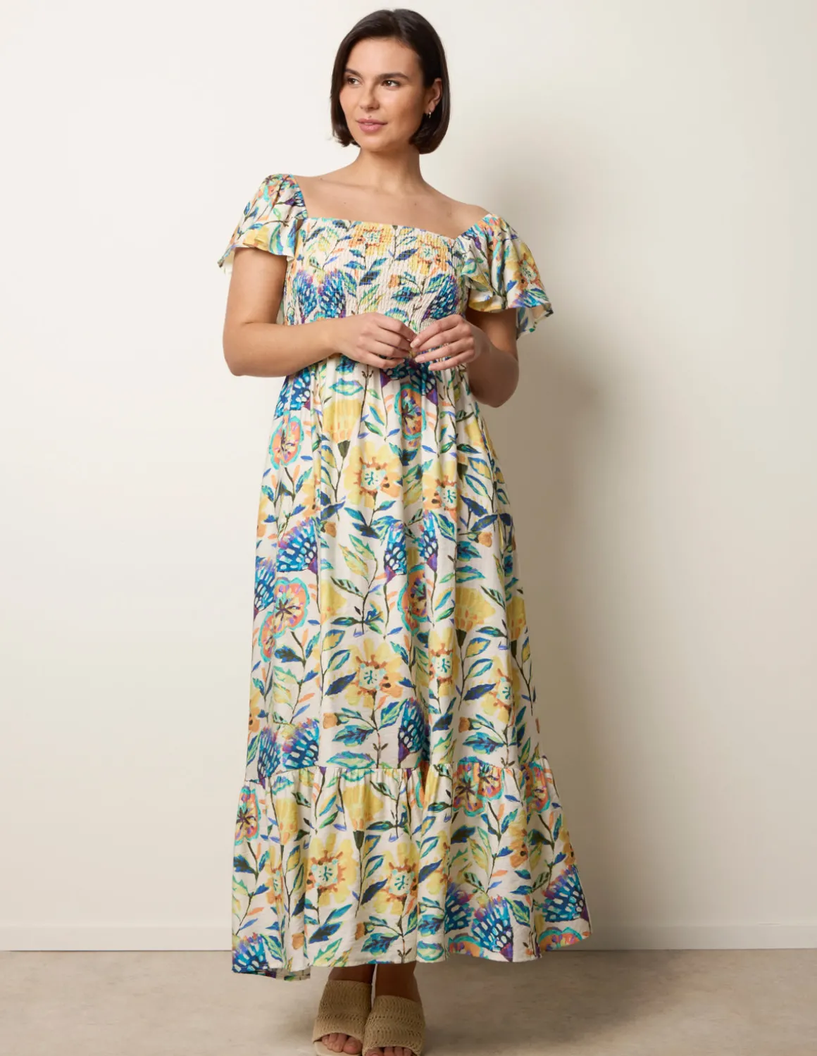 Frill Sleeveless Tropical Floral Print Dress