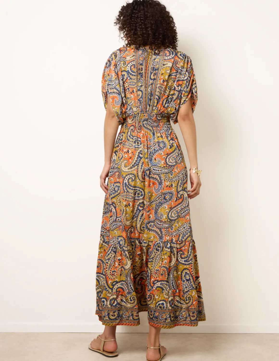 Gathered Sleeve V-Neck Maxi Dress