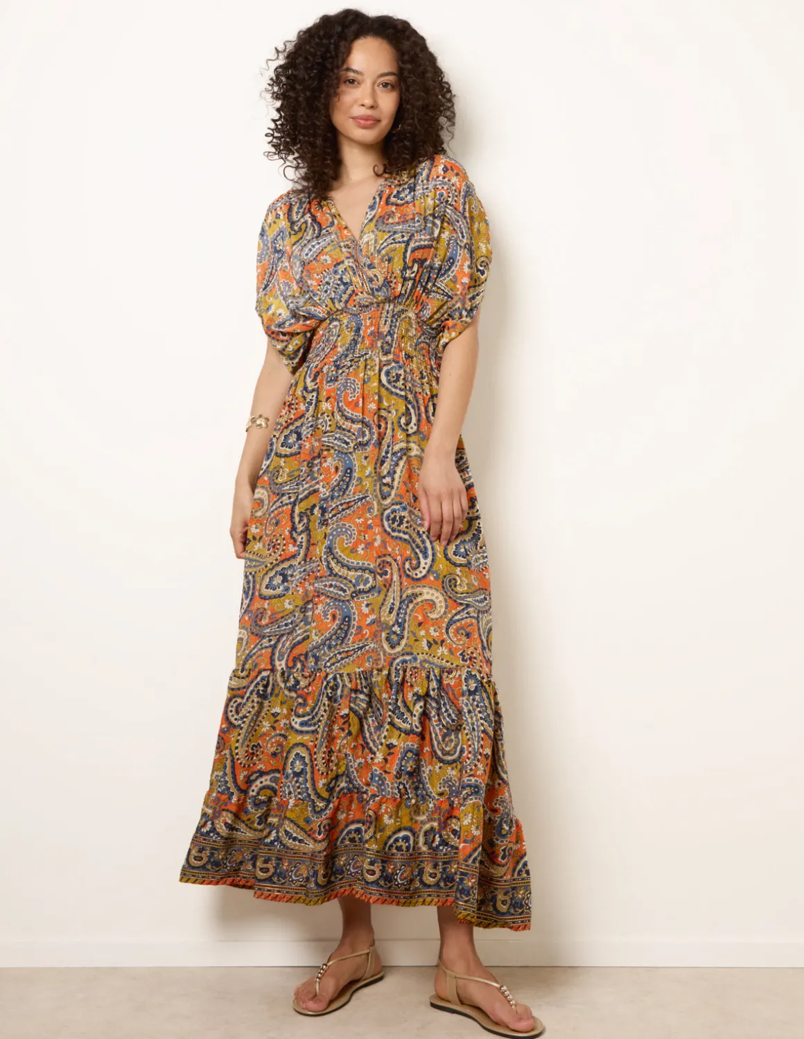 Gathered Sleeve V-Neck Maxi Dress