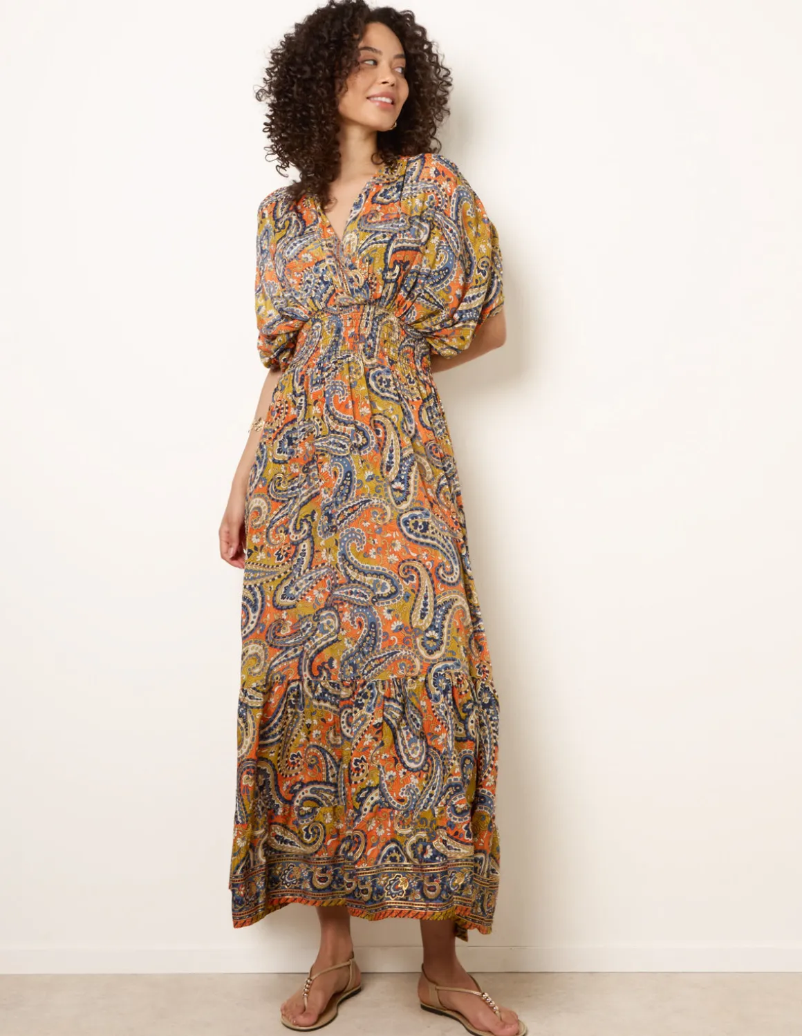 Gathered Sleeve V-Neck Maxi Dress