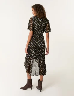 Geometric Mesh Ruffle Wrap Dress