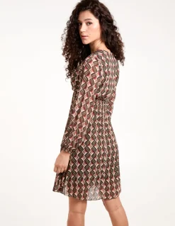 Geometric Print Wrap Front Pleated Dress