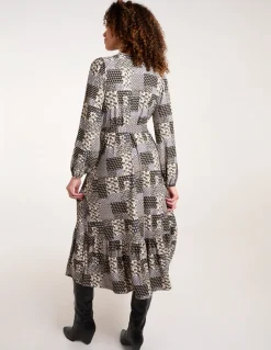 Geometric Wrap Front Belted Midi Dress