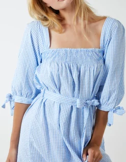 Gingham Milkmaid Square Neck Shirred Swing Dress