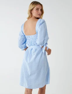 Gingham Milkmaid Square Neck Shirred Swing Dress