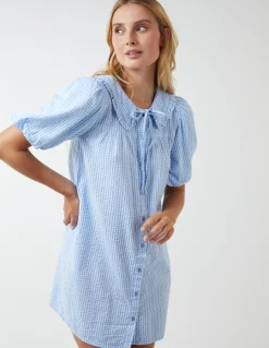 Gingham Shirt Dress With Plunge Ruffle