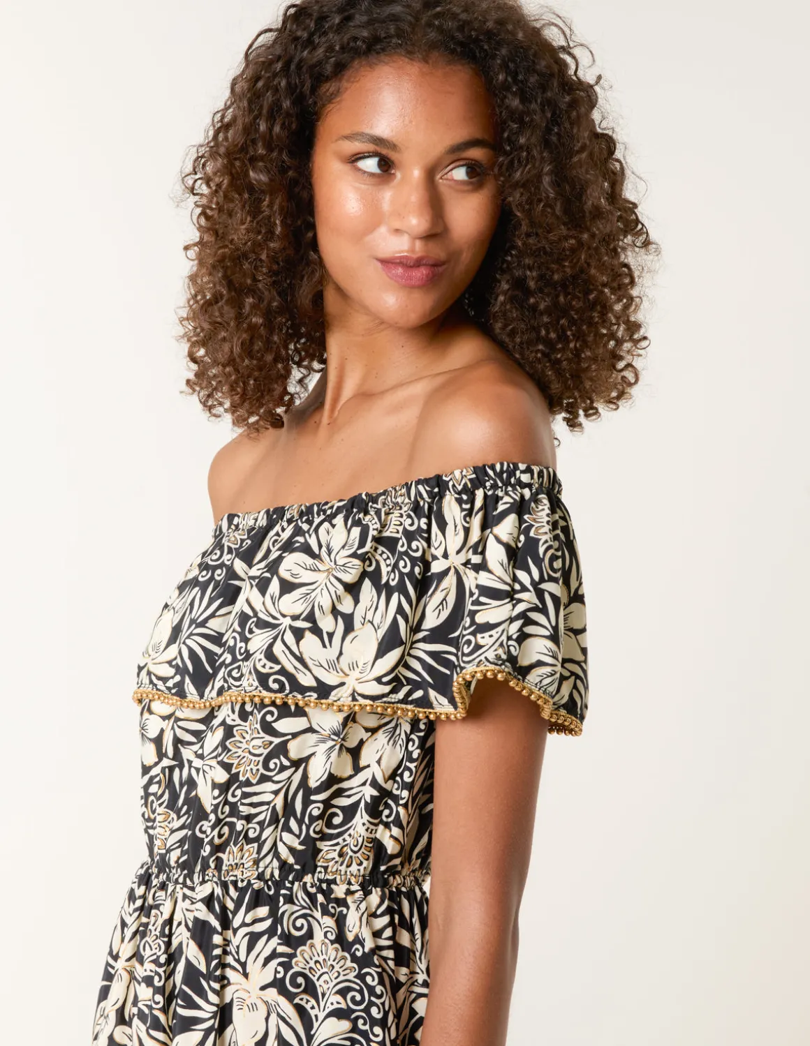 Gold Beaded Bardot Midi Dress