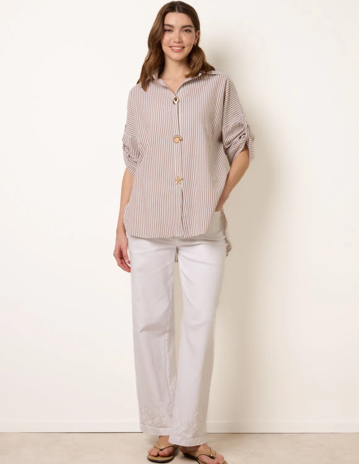 Gold Shell Button Front Stripe Shirt