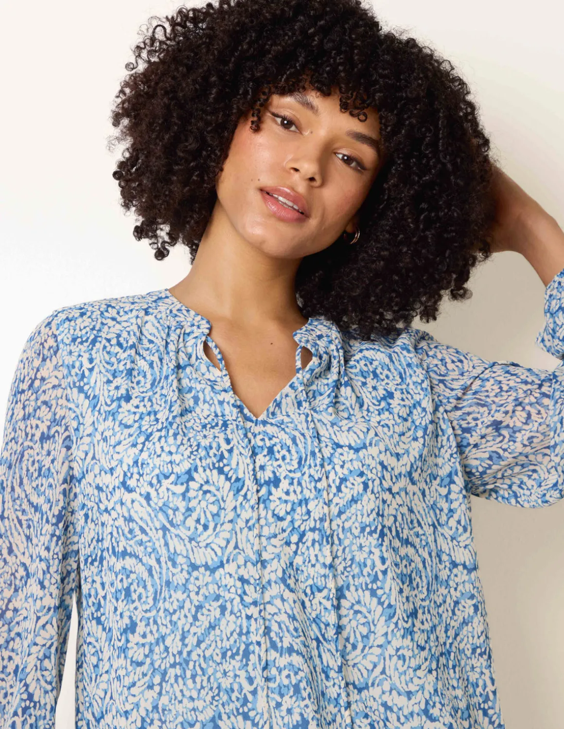 Grandad Tie Neck Puff Hem Watercolour Blouse