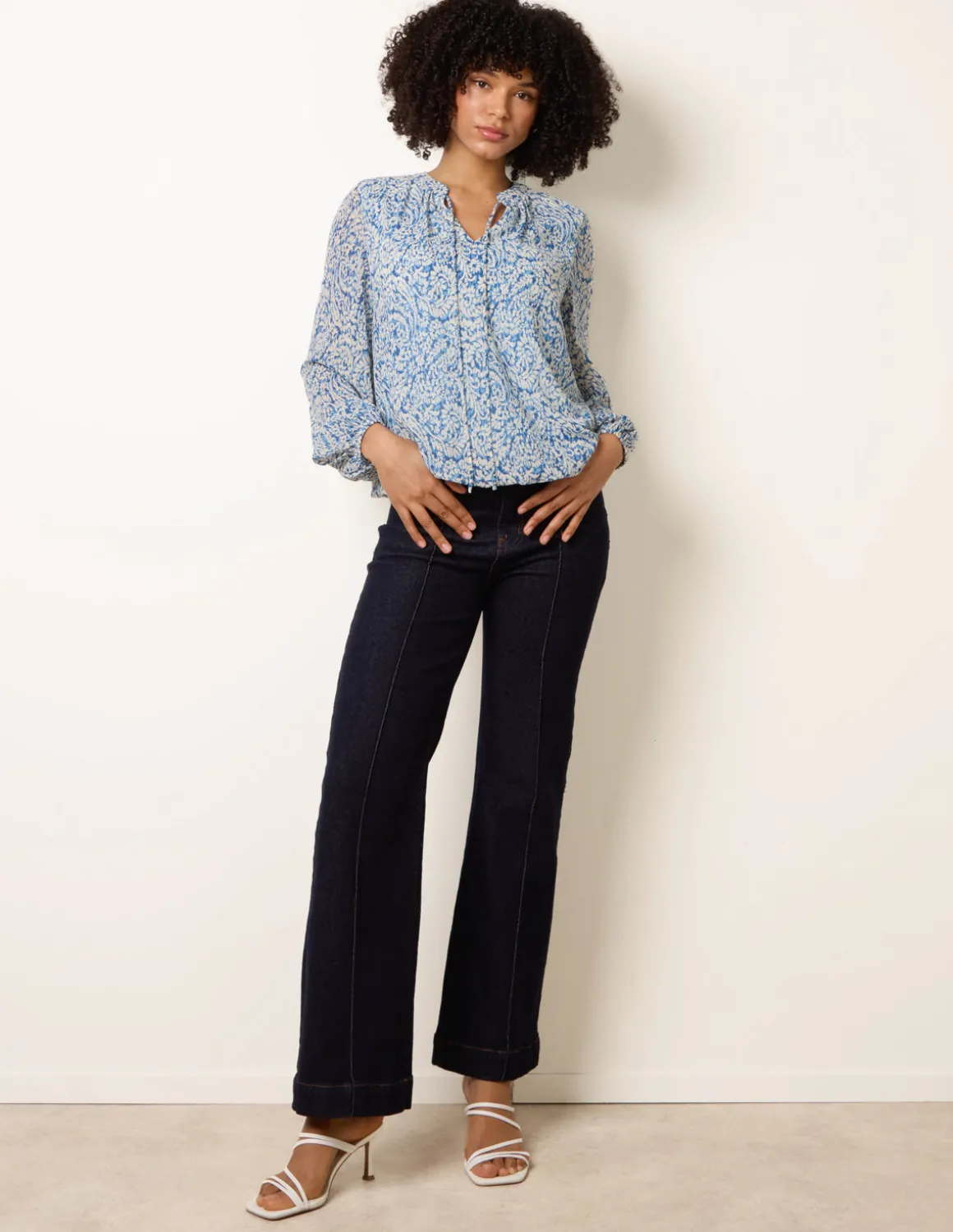Grandad Tie Neck Puff Hem Watercolour Blouse
