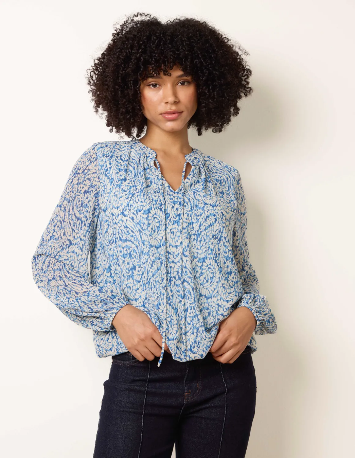 Grandad Tie Neck Puff Hem Watercolour Blouse