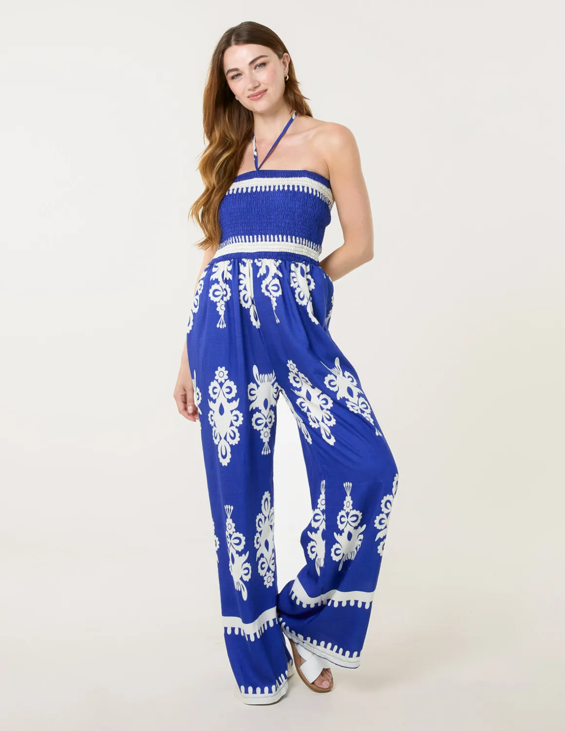 Halter Neck Shirred Waist Jumpsuit