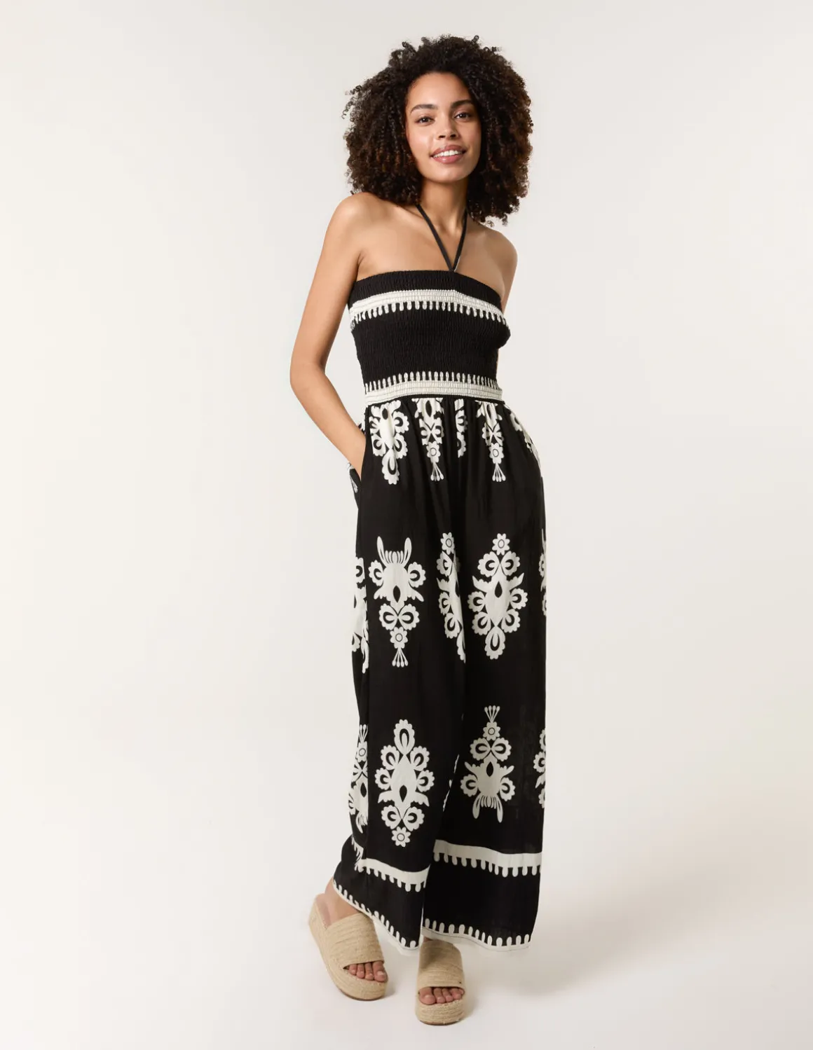 Halter Neck Shirred Waist Jumpsuit