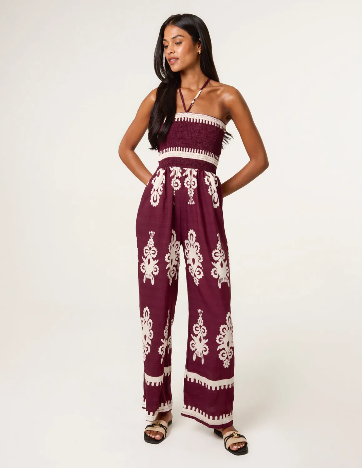 Halter Neck Shirred Waist Jumpsuit