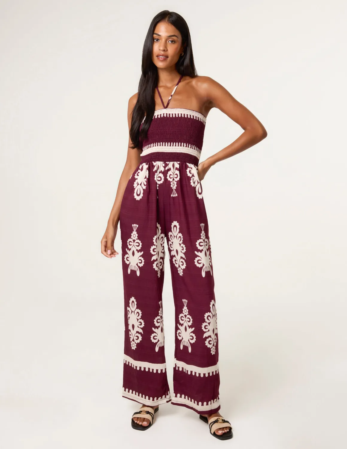 Halter Neck Shirred Waist Jumpsuit