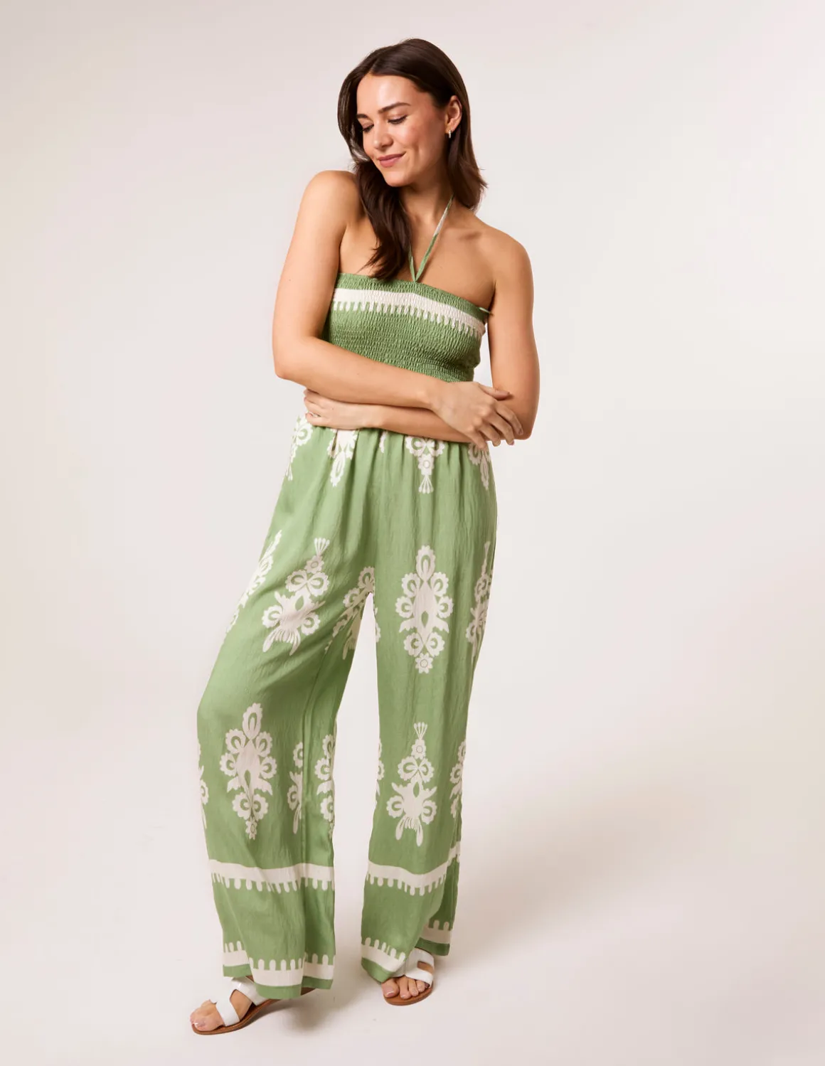 Halter Neck Shirred Waist Jumpsuit