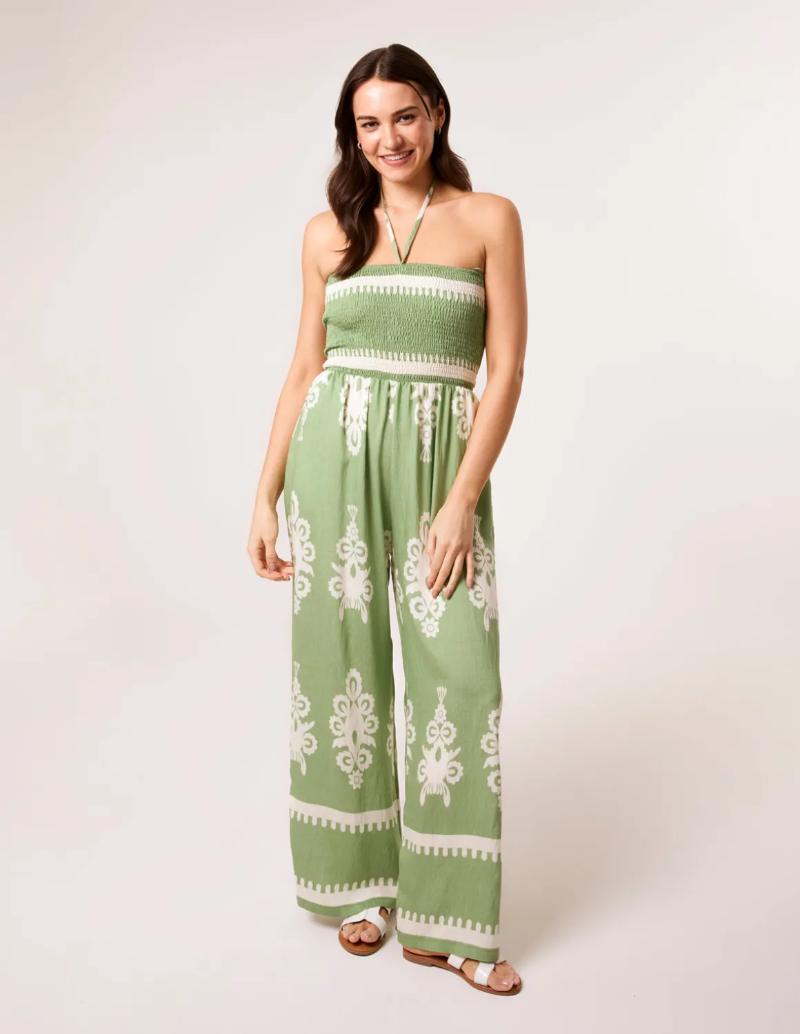 Halter Neck Shirred Waist Jumpsuit