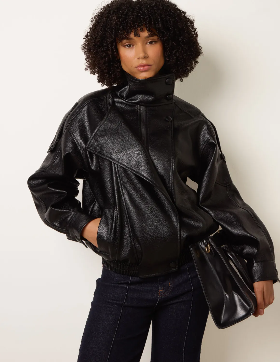 High Collar Faux Leather Jacket
