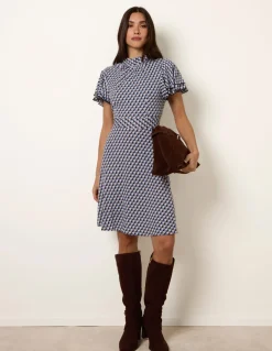 High Neck Angel Sleeve Mini Dress