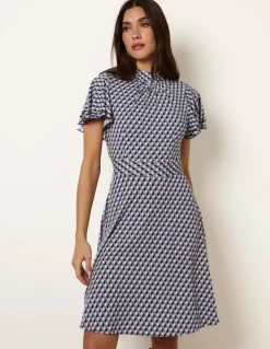 High Neck Angel Sleeve Mini Dress