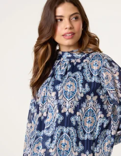 High Neck Bubble Hem Printed Blouse