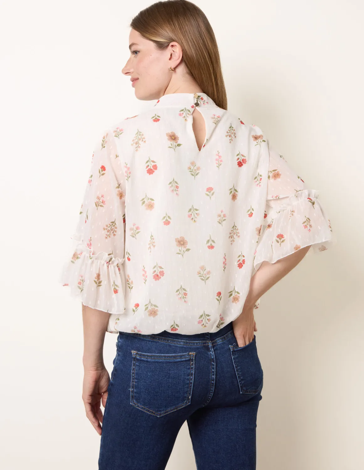 High Neck Frill Sleeve Dobby Floral Print Puffball Blouse