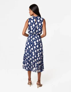 High Neck Geometric Print Pleated Dress