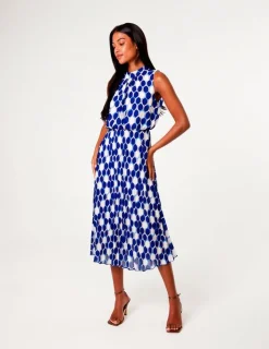 High Neck Geometric Print Pleated Dress
