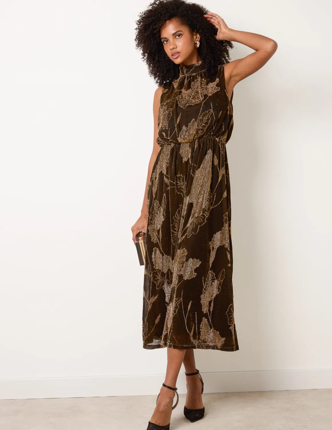 High Neck Jacquard Midi Dress