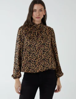 High Neck Leopard Print Satin Blouson Top