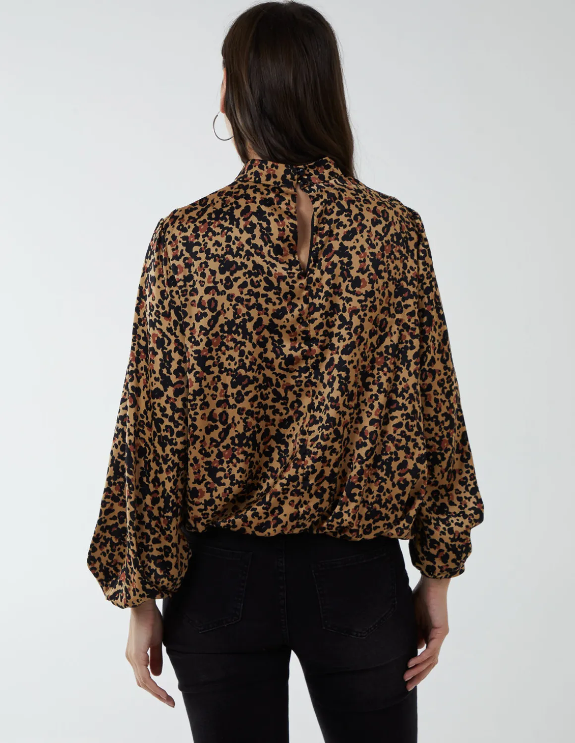 High Neck Leopard Print Satin Blouson Top