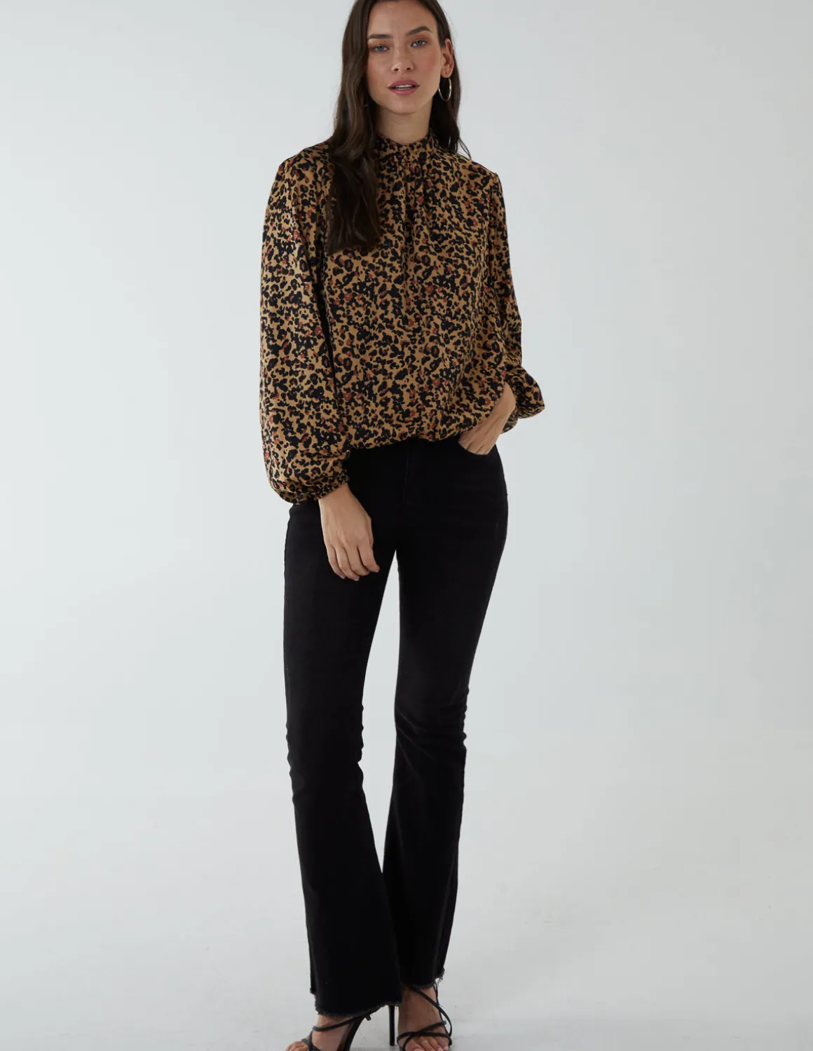 High Neck Leopard Print Satin Blouson Top