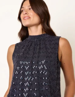 High Neck Metallic Puff Ball Blouse