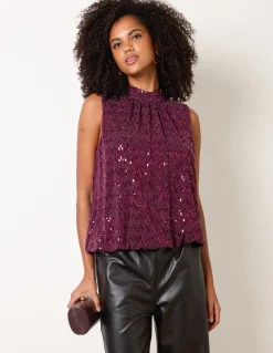 High Neck Metallic Puff Ball Blouse