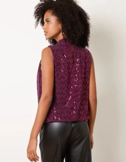 High Neck Metallic Puff Ball Blouse