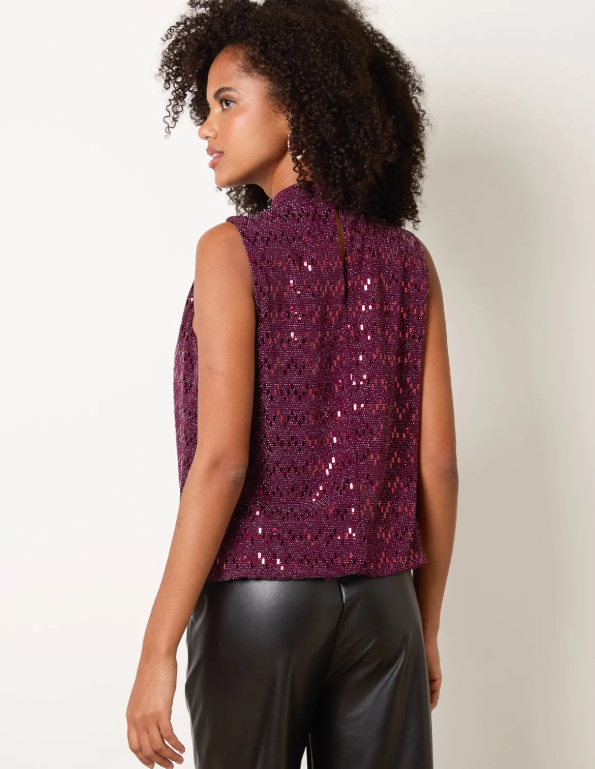 High Neck Metallic Puff Ball Blouse