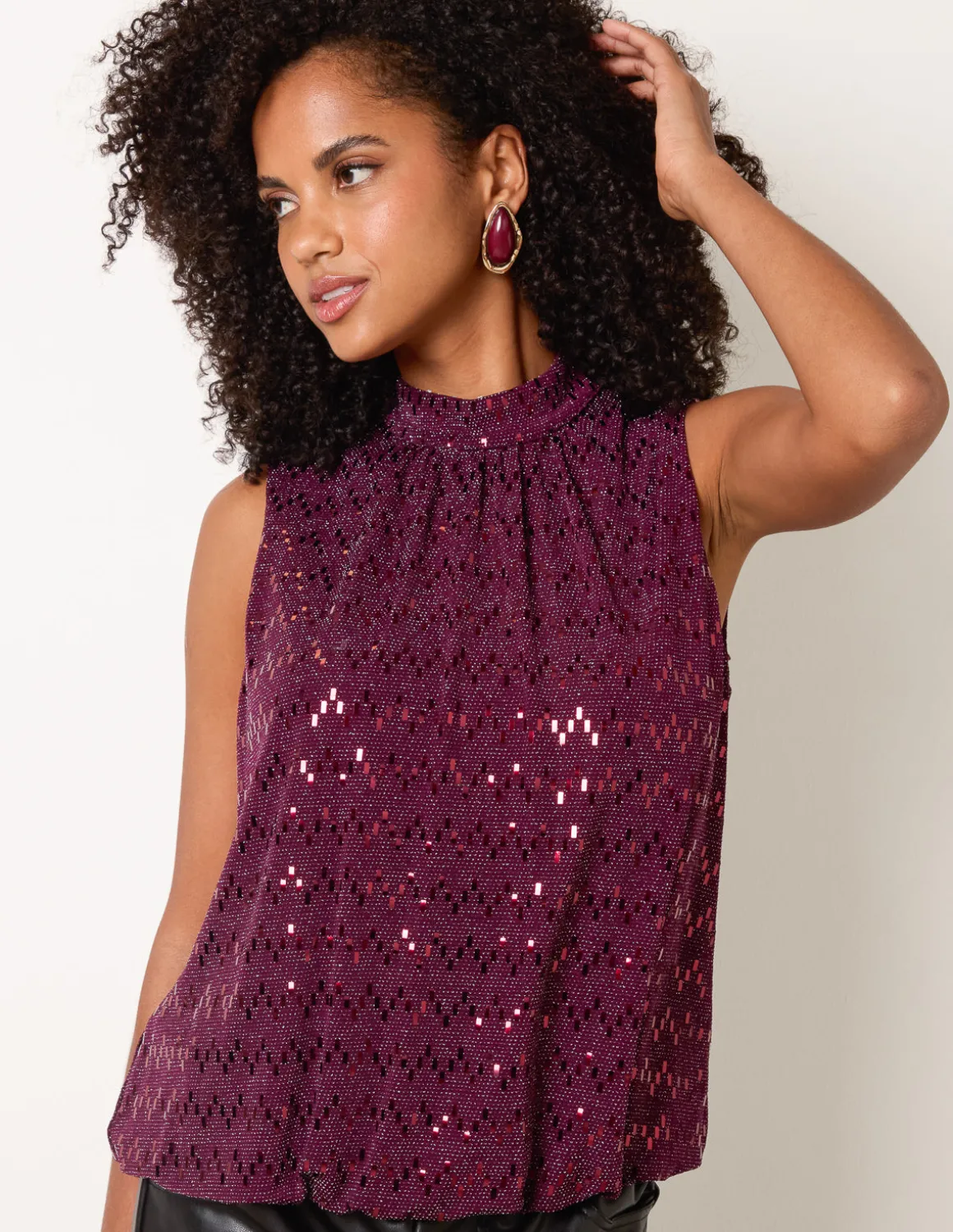 High Neck Metallic Puff Ball Blouse