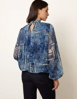 High Neck Paisley Print Puffball Top