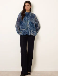 High Neck Paisley Print Puffball Top