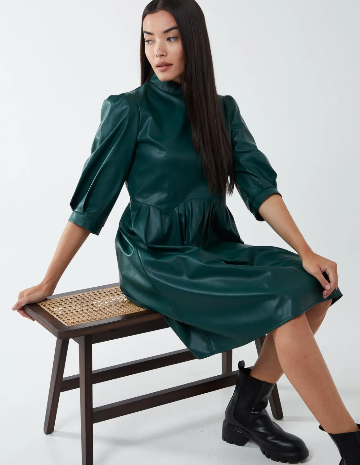High Neck PU Dress