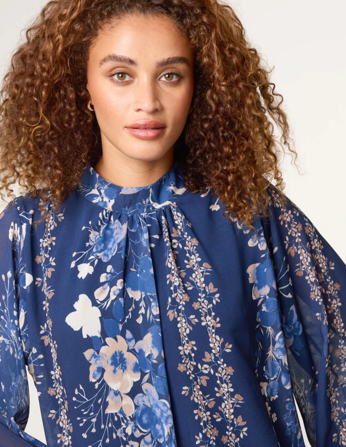 High Neck Puffball Floral Blouse
