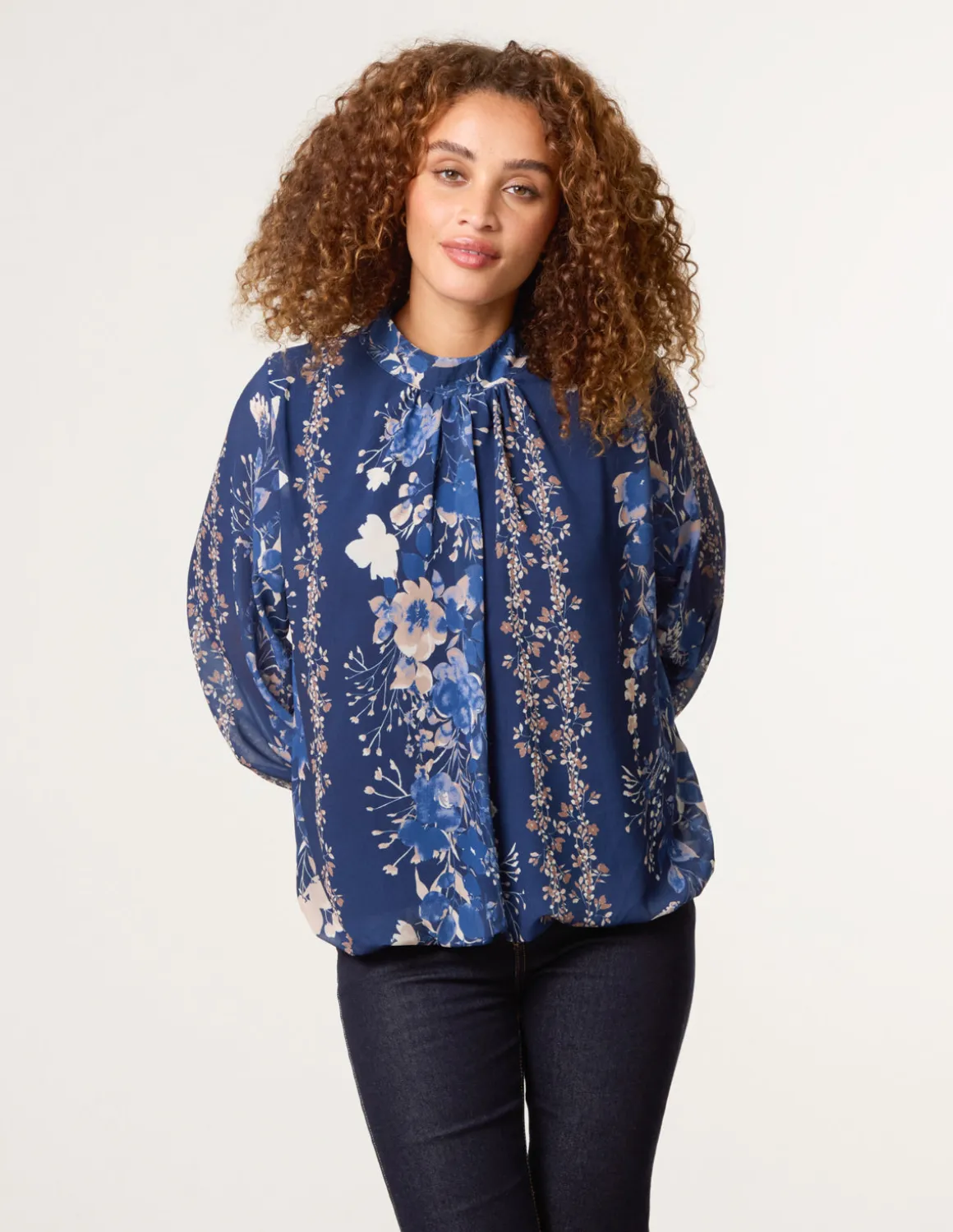 High Neck Puffball Floral Blouse