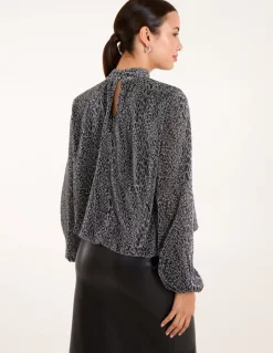 High Neck Puffball Hem Blouse
