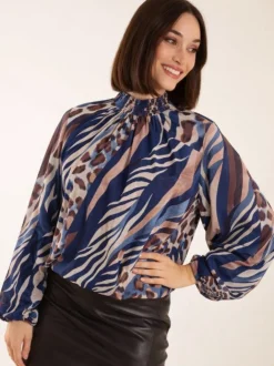 High Neck Puffball Printed Top